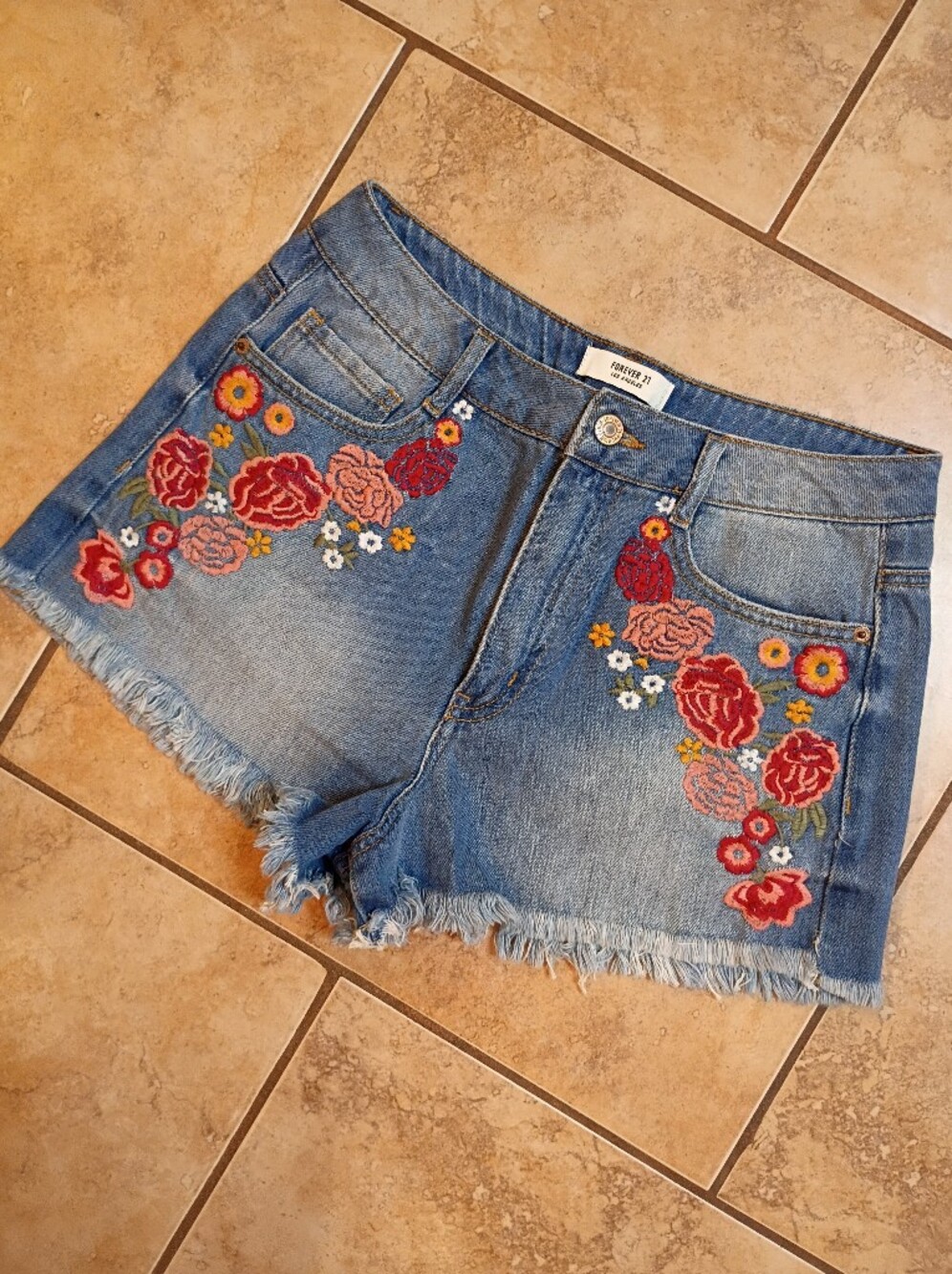 Forever 21 Blue Embroidered Floral Denim Shorts